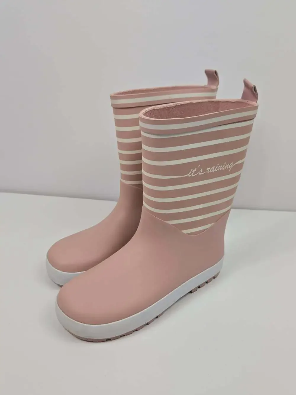 Okaidi Girls Rain Boots US 1 Big Kid EU 32 Pink White Striped Waterproof Wellies